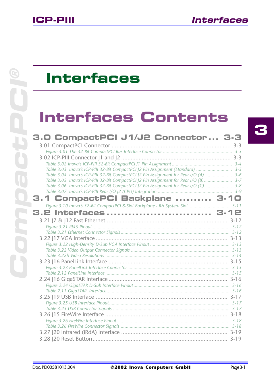 Interfaces contents, Compactpci, 3 interfaces interfaces contents | Interfaces | Inova High Performance CPU board ICP-PII User Manual | Page 35 / 94