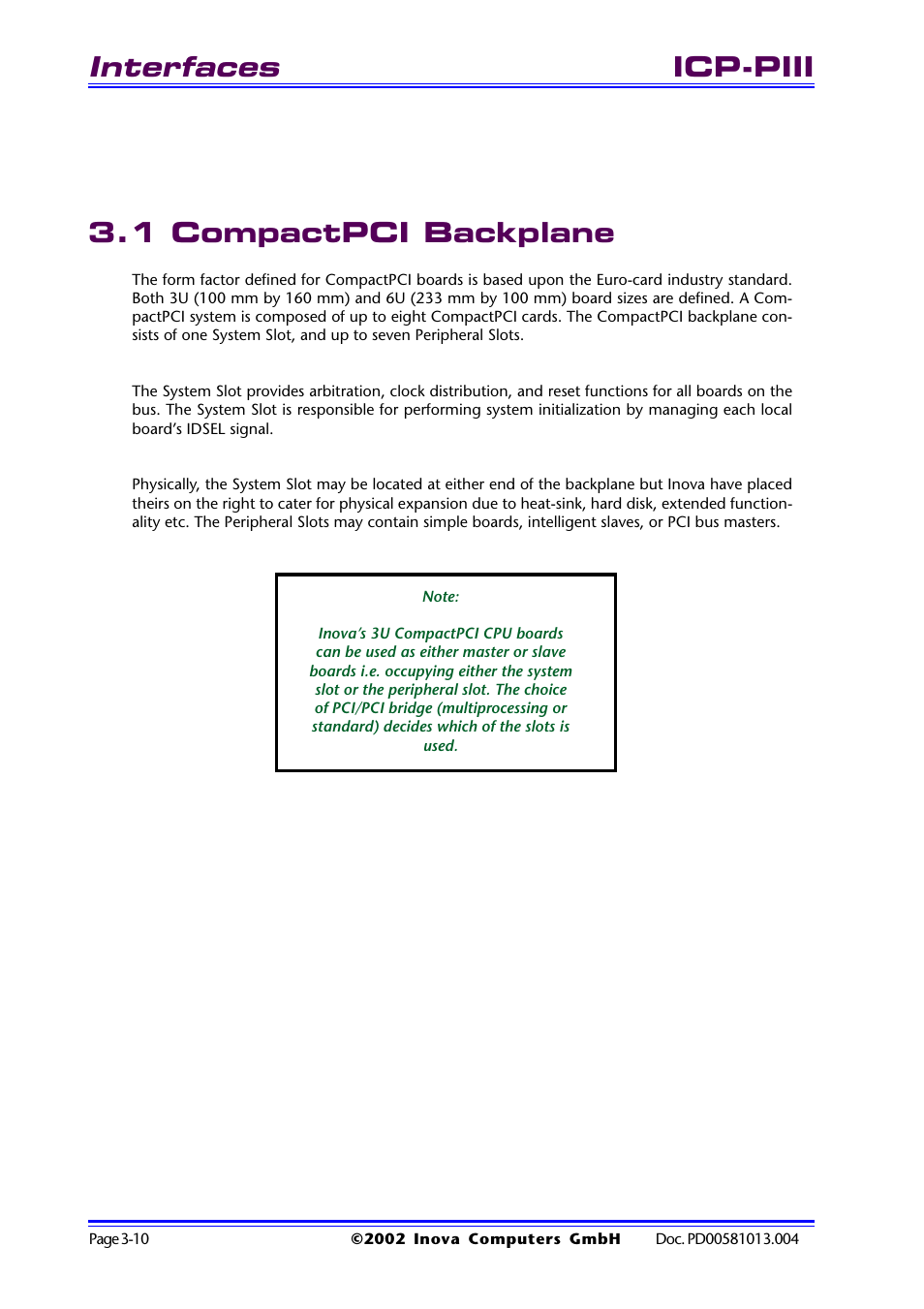 1 compactpci backplane, 1 compactpci backplane -10, Interfaces | Icp-piii 3.1 compactpci backplane | Inova High Performance CPU board ICP-PII User Manual | Page 44 / 94