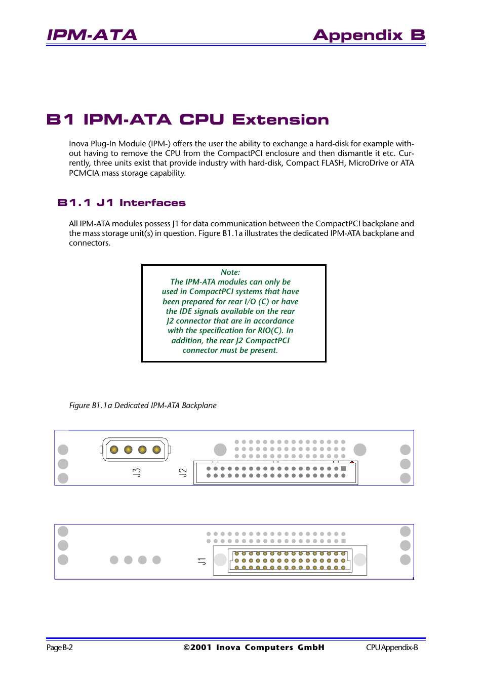 B1 ipm-ata cpu extension, B1.1 j1 interfaces, Figure b1.1a dedicated ipm-ata backplane | B1 ipm-ata cpu extension ........... b-2, Ipm-ata, Appendix b b1 ipm-ata cpu extension | Inova High Performance CPU board ICP-PII User Manual | Page 76 / 94