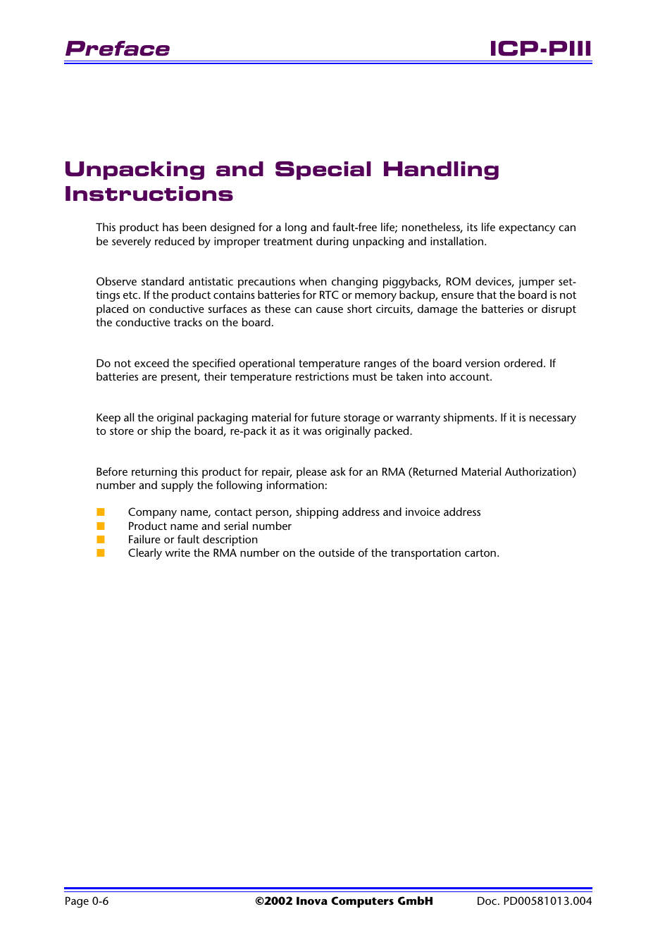 Unpacking and special handling instructions, Unpacking and special handling instruc- tions, Preface | Inova High Performance CPU board ICP-PII User Manual | Page 8 / 94