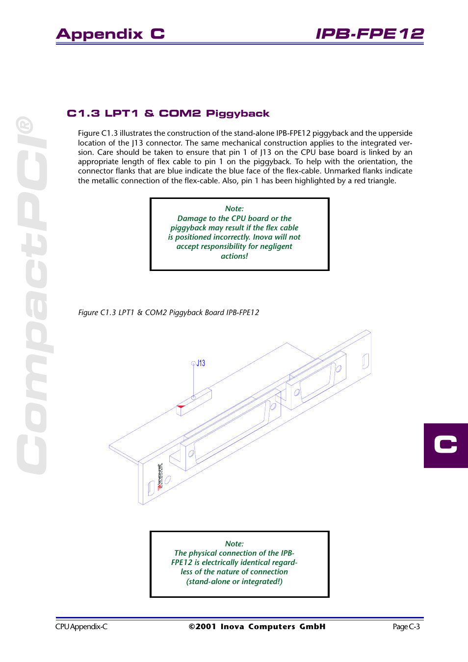C1.3 lpt1 & com2 piggyback, Figure c1.3 lpt1 & com2 piggyback board ipb-fpe12, Compactpci | Ipb-fpe12, Appendix c | Inova High Performance CPU board ICP-PII User Manual | Page 85 / 94