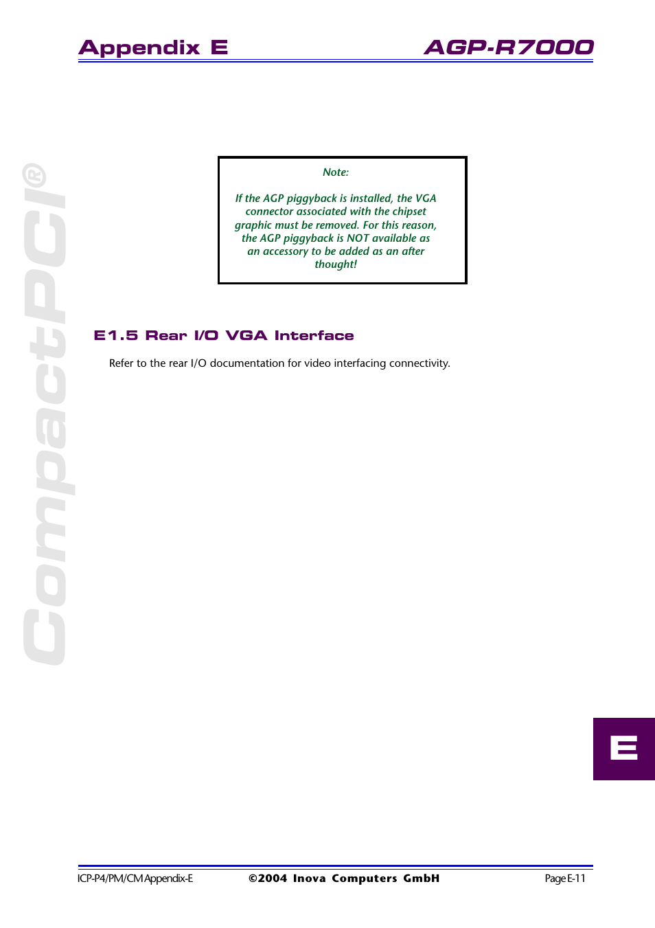 E1.5 rear i/o vga interface, Compactpci, Agp-r7000 | Inova PD00941013.001 User Manual | Page 103 / 103