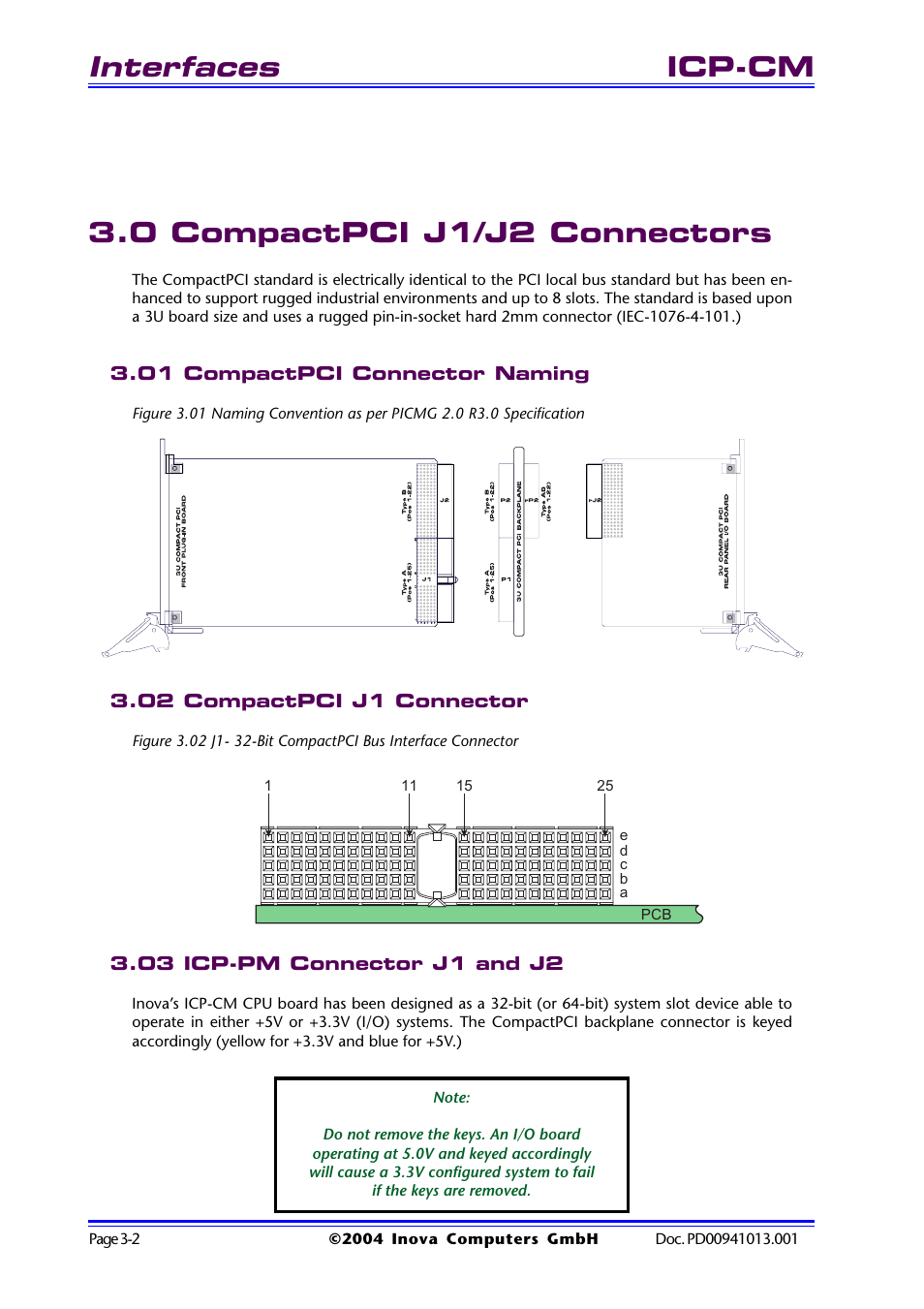 0 compactpci j1/j2 connectors, 01 compactpci connector naming, 02 compactpci j1 connector | 03 icp-pm connector j1 and j2, 0 compactpci j1/j2 connectors . 3-2, 01 compactpci connector naming -2, 02 compactpci j1 connector -2, 03 icp-pm connector j1 and j2 -2, Interfaces, Icp-cm 3.0 compactpci j1/j2 connectors | Inova PD00941013.001 User Manual | Page 46 / 103