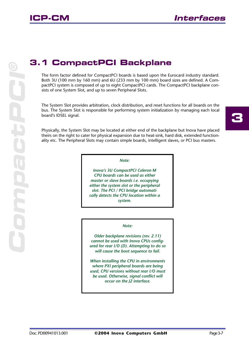 1 compactpci backplane, 1 compactpci backplane -7, Compactpci | Interfaces, Icp-cm | Inova PD00941013.001 User Manual | Page 51 / 103