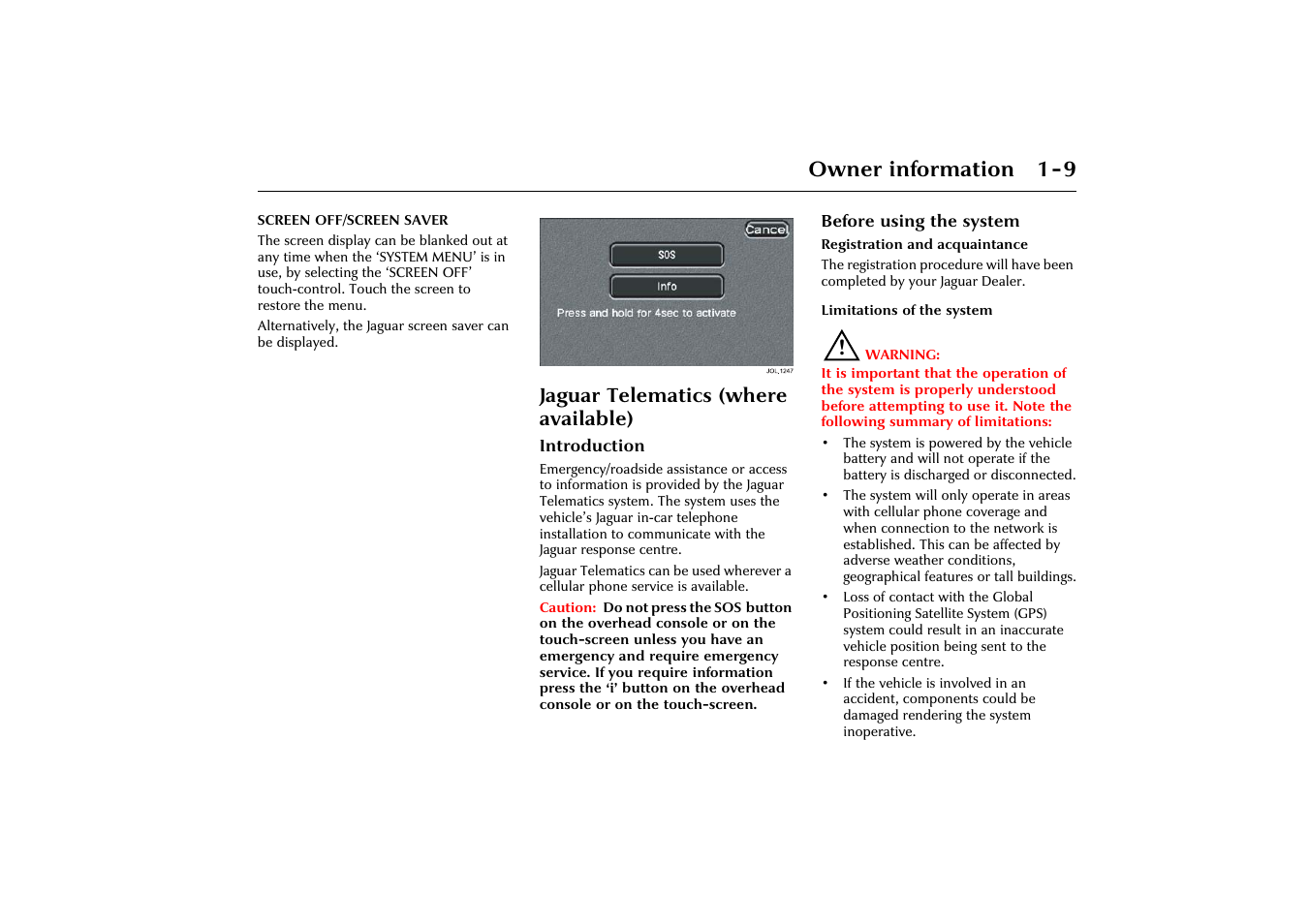 Owner information 1-9, Jaguar telematics (where available) | Jaguar X-Type JJM 21 02 20/15 User Manual | Page 13 / 187