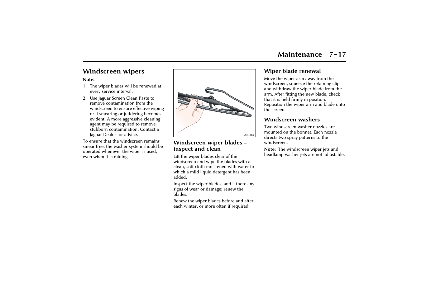 Maintenance 7-17, Windscreen wipers | Jaguar X-Type JJM 21 02 20/15 User Manual | Page 167 / 187