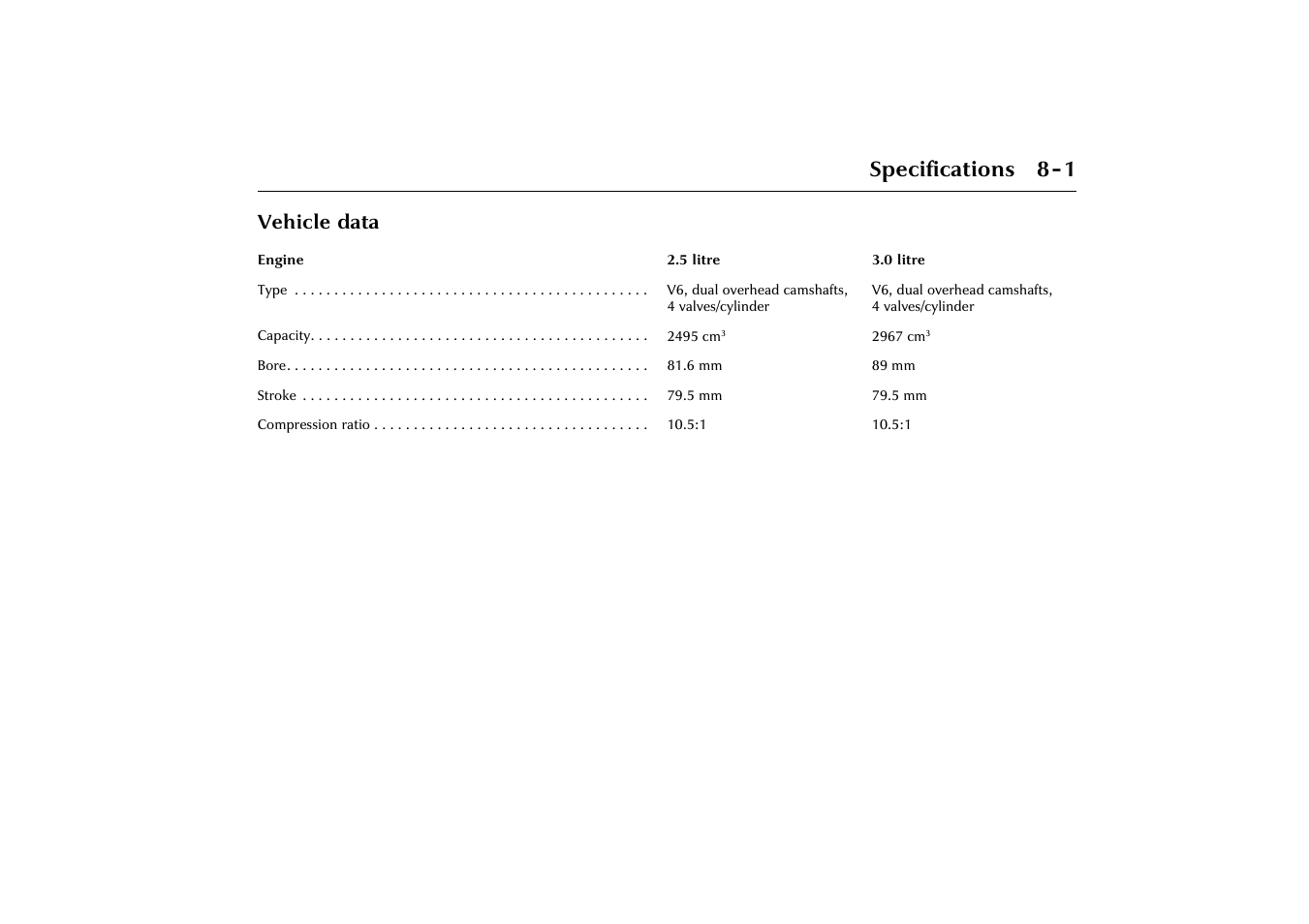 Specifications 8-1, Vehicle data | Jaguar X-Type JJM 21 02 20/15 User Manual | Page 175 / 187