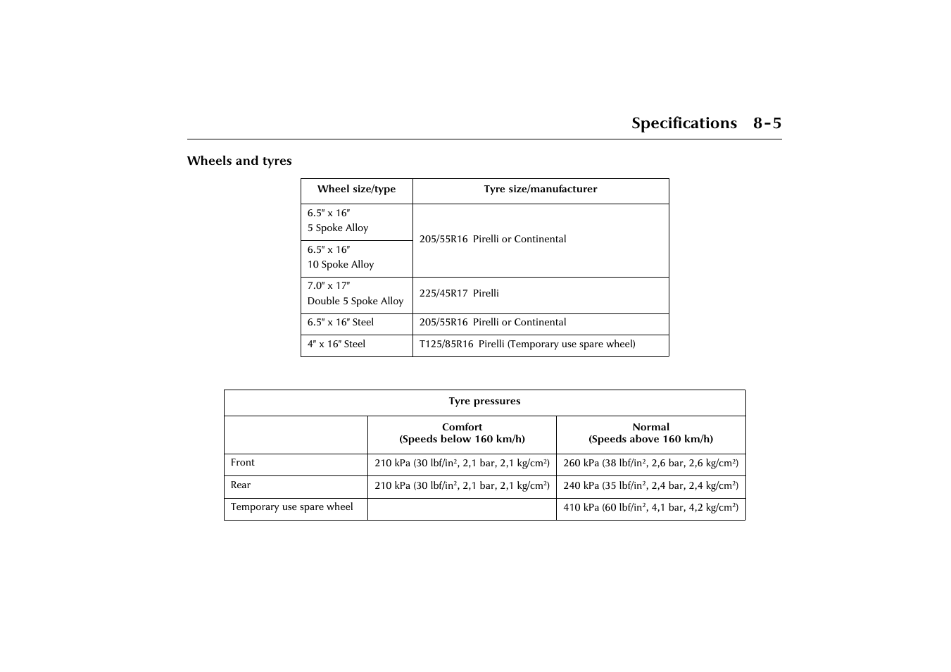 Specifications 8-5 | Jaguar X-Type JJM 21 02 20/15 User Manual | Page 179 / 187