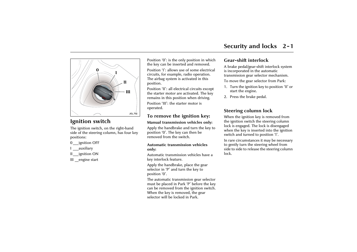 Security and locks 2-1, Ignition switch | Jaguar X-Type JJM 21 02 20/15 User Manual | Page 19 / 187