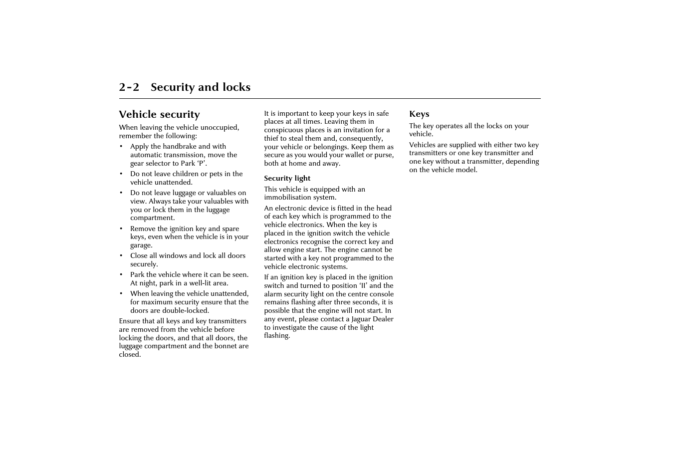 2 security and locks, Vehicle security | Jaguar X-Type JJM 21 02 20/15 User Manual | Page 20 / 187