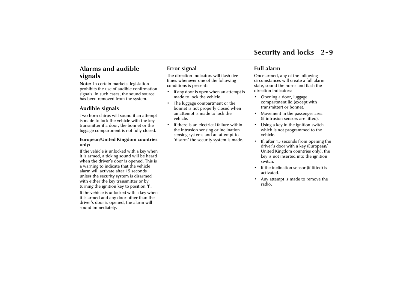 Security and locks 2-9, Alarms and audible signals | Jaguar X-Type JJM 21 02 20/15 User Manual | Page 27 / 187
