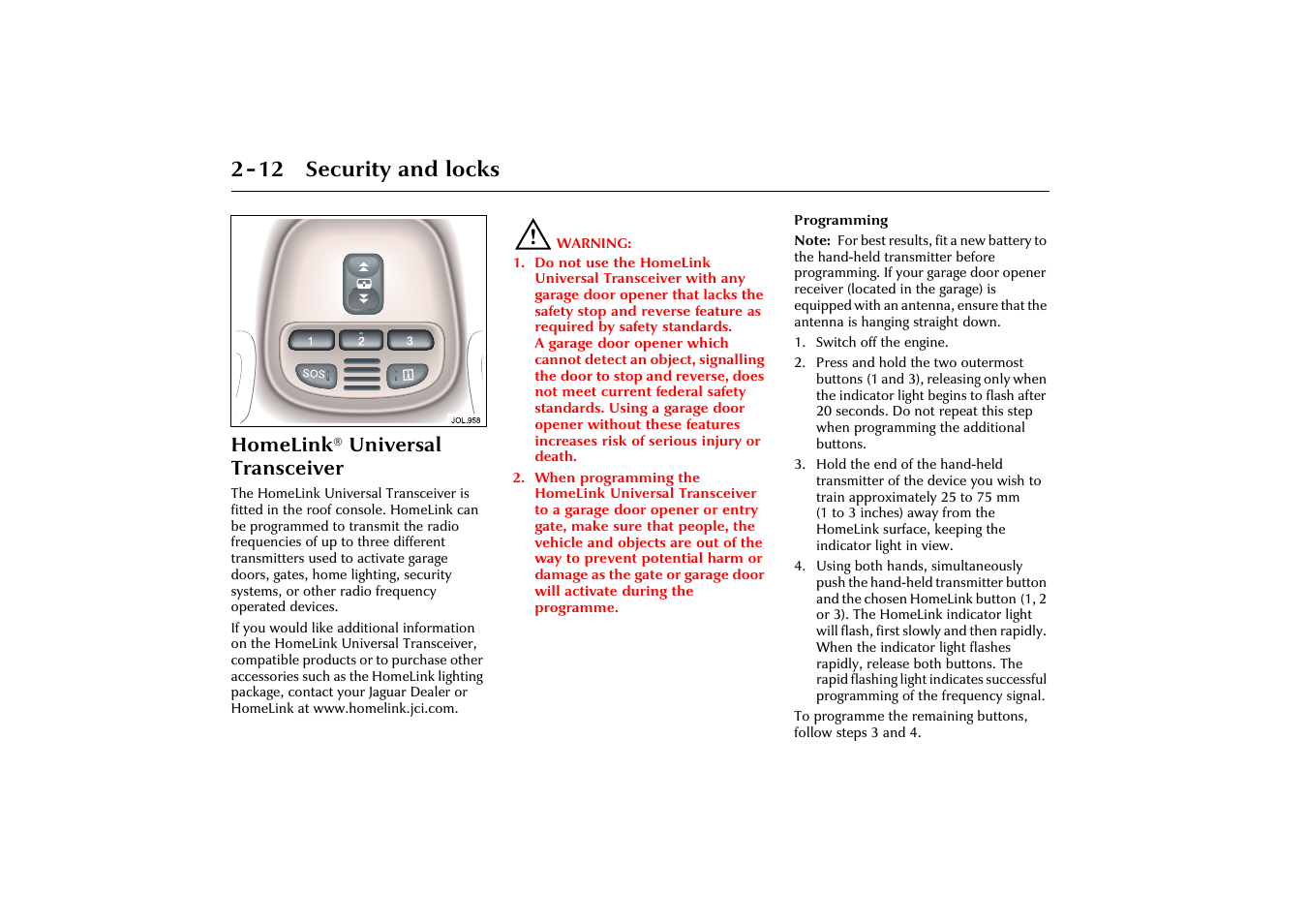 12 security and locks, Homelink, Universal transceiver | Jaguar X-Type JJM 21 02 20/15 User Manual | Page 30 / 187