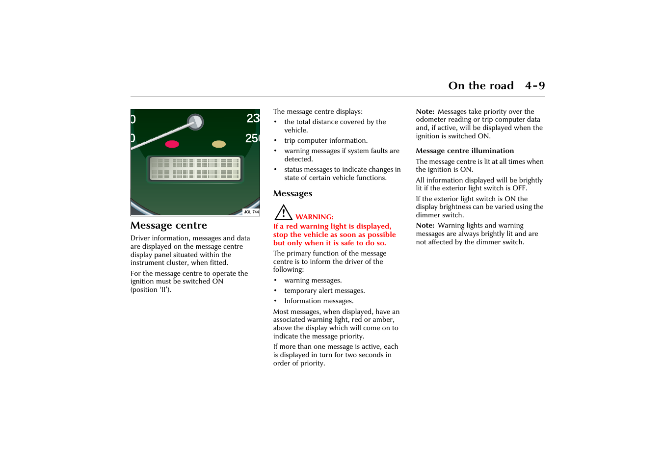 On the road 4-9, Message centre | Jaguar X-Type JJM 21 02 20/15 User Manual | Page 65 / 187