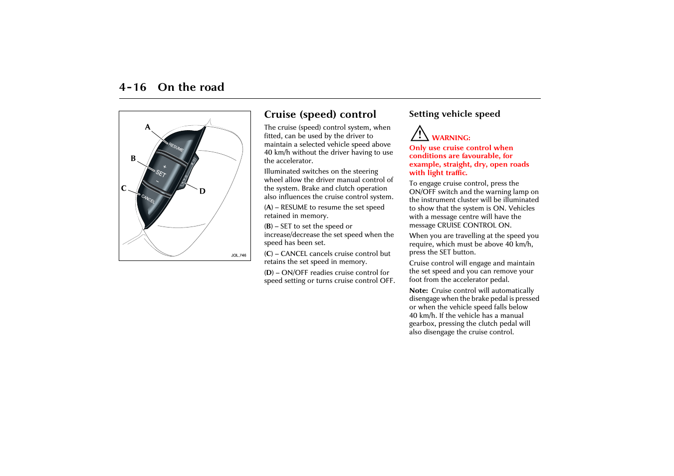 16 on the road, Cruise (speed) control | Jaguar X-Type JJM 21 02 20/15 User Manual | Page 72 / 187