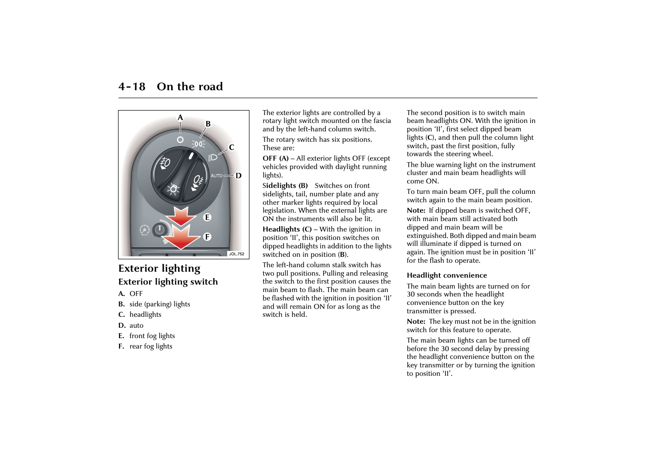 18 on the road, Exterior lighting | Jaguar X-Type JJM 21 02 20/15 User Manual | Page 74 / 187