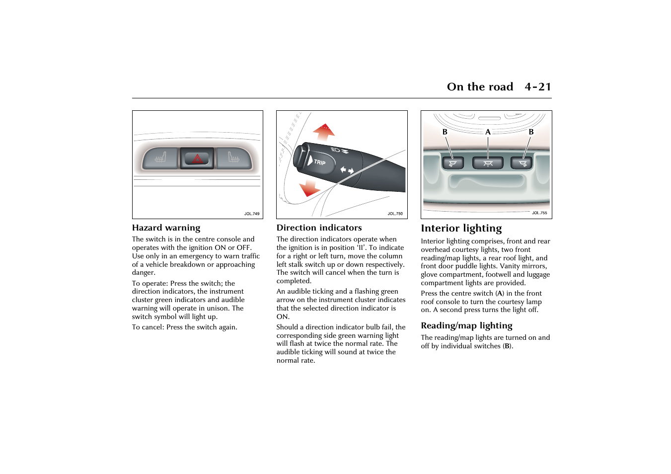 On the road 4-21, Interior lighting | Jaguar X-Type JJM 21 02 20/15 User Manual | Page 77 / 187