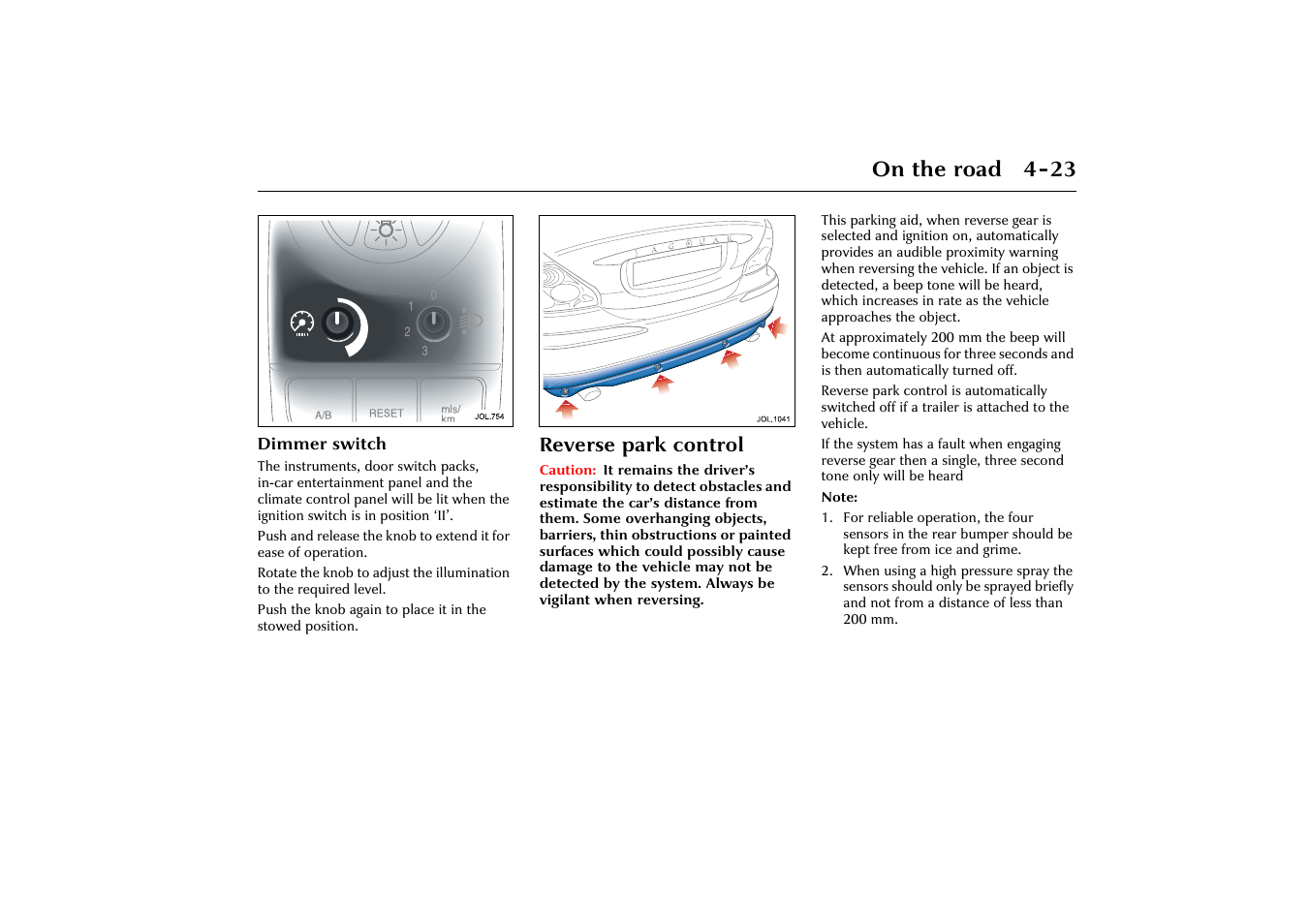 On the road 4-23, Reverse park control | Jaguar X-Type JJM 21 02 20/15 User Manual | Page 79 / 187