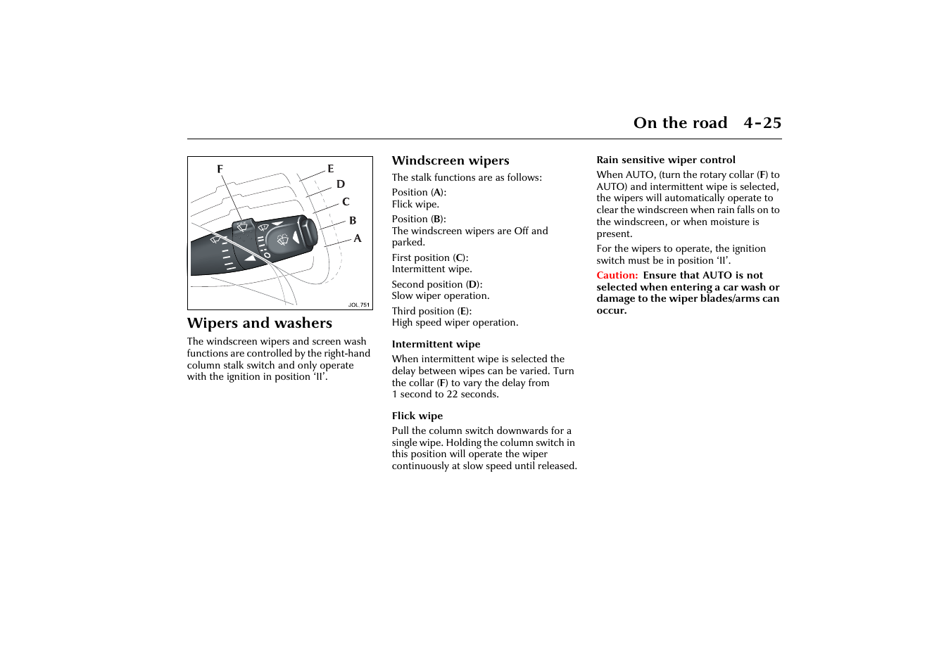 On the road 4-25, Wipers and washers | Jaguar X-Type JJM 21 02 20/15 User Manual | Page 81 / 187