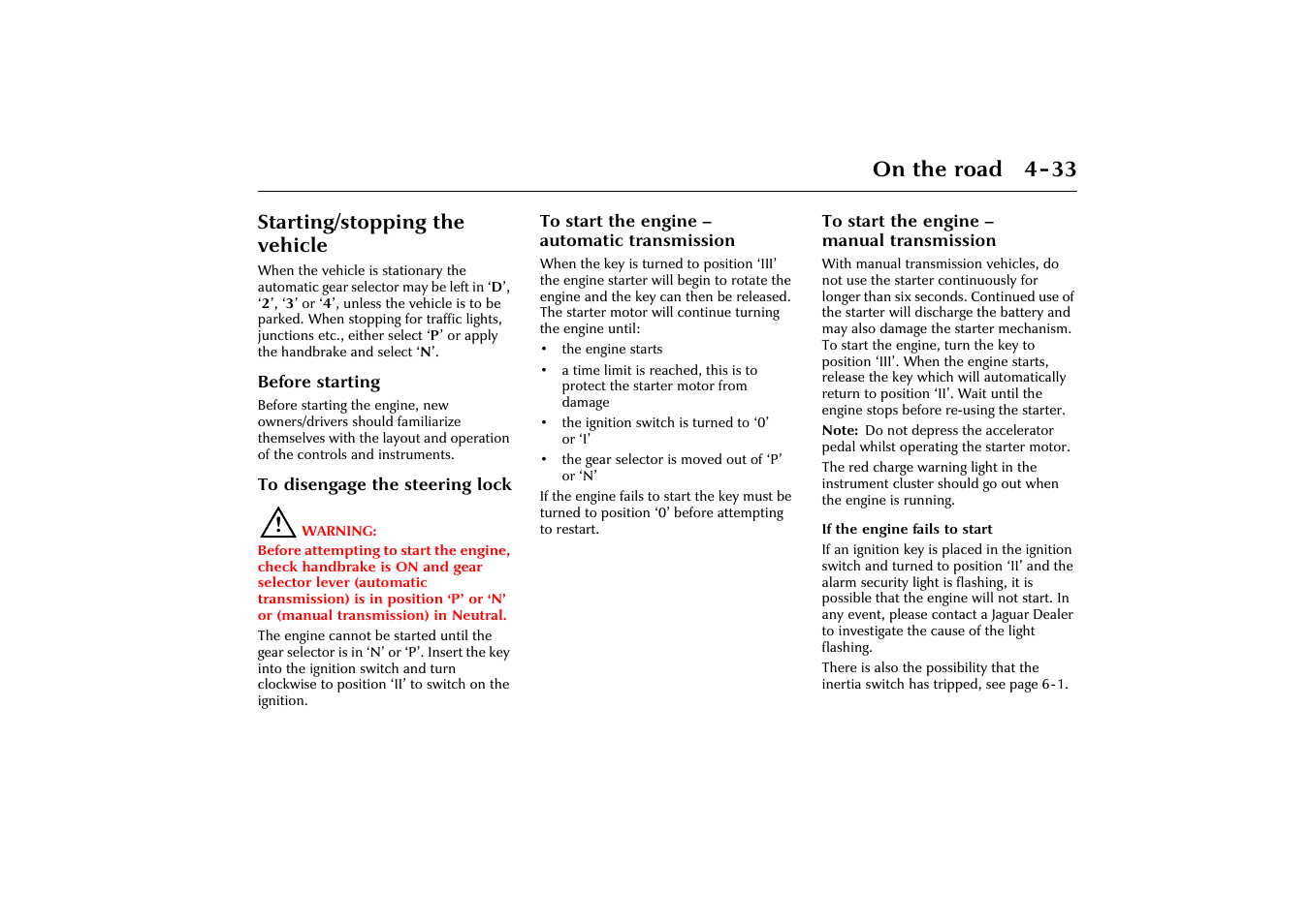 On the road 4-33, Starting/stopping the vehicle | Jaguar X-Type JJM 21 02 20/15 User Manual | Page 89 / 187