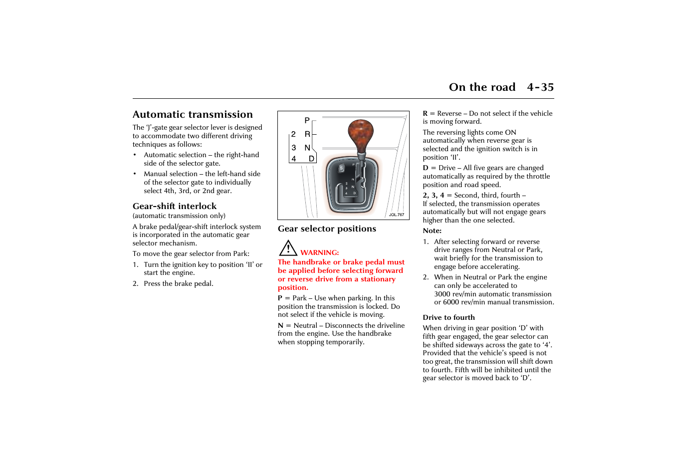 On the road 4-35, Automatic transmission | Jaguar X-Type JJM 21 02 20/15 User Manual | Page 91 / 187