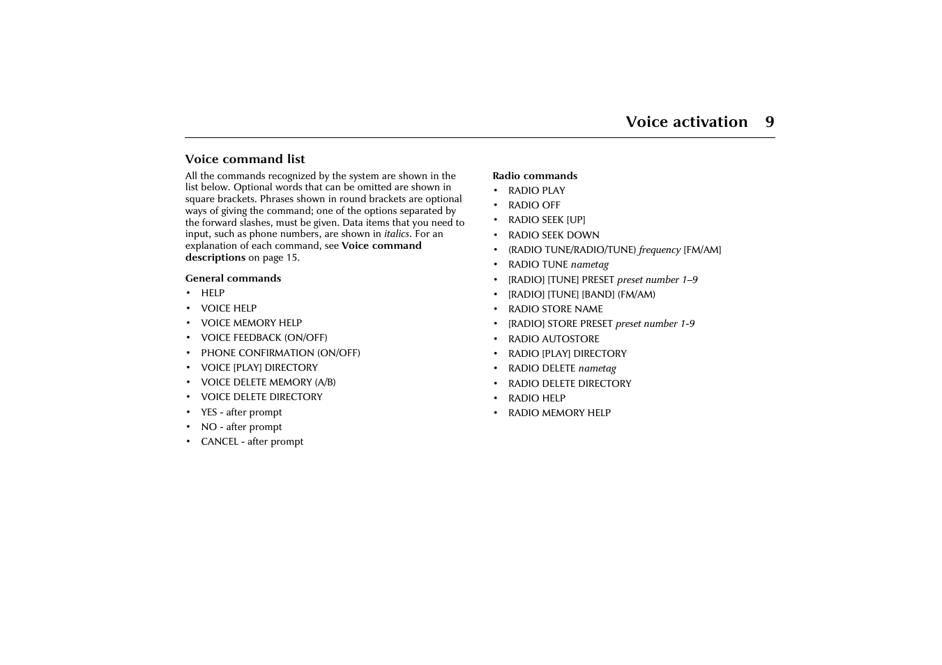 Voice command list, See voice command list on, Voice activation 9 | Jaguar VOICE ACTIVATION X-TYPE 2001.5 User Manual | Page 12 / 47