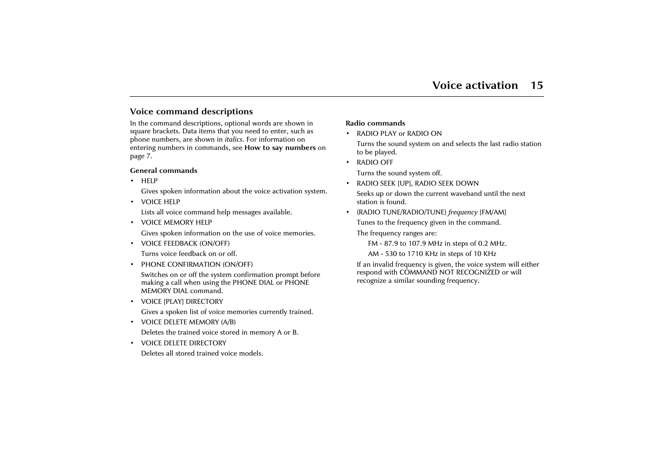 Voice command descriptions, Voice activation 15 | Jaguar VOICE ACTIVATION X-TYPE 2001.5 User Manual | Page 18 / 47