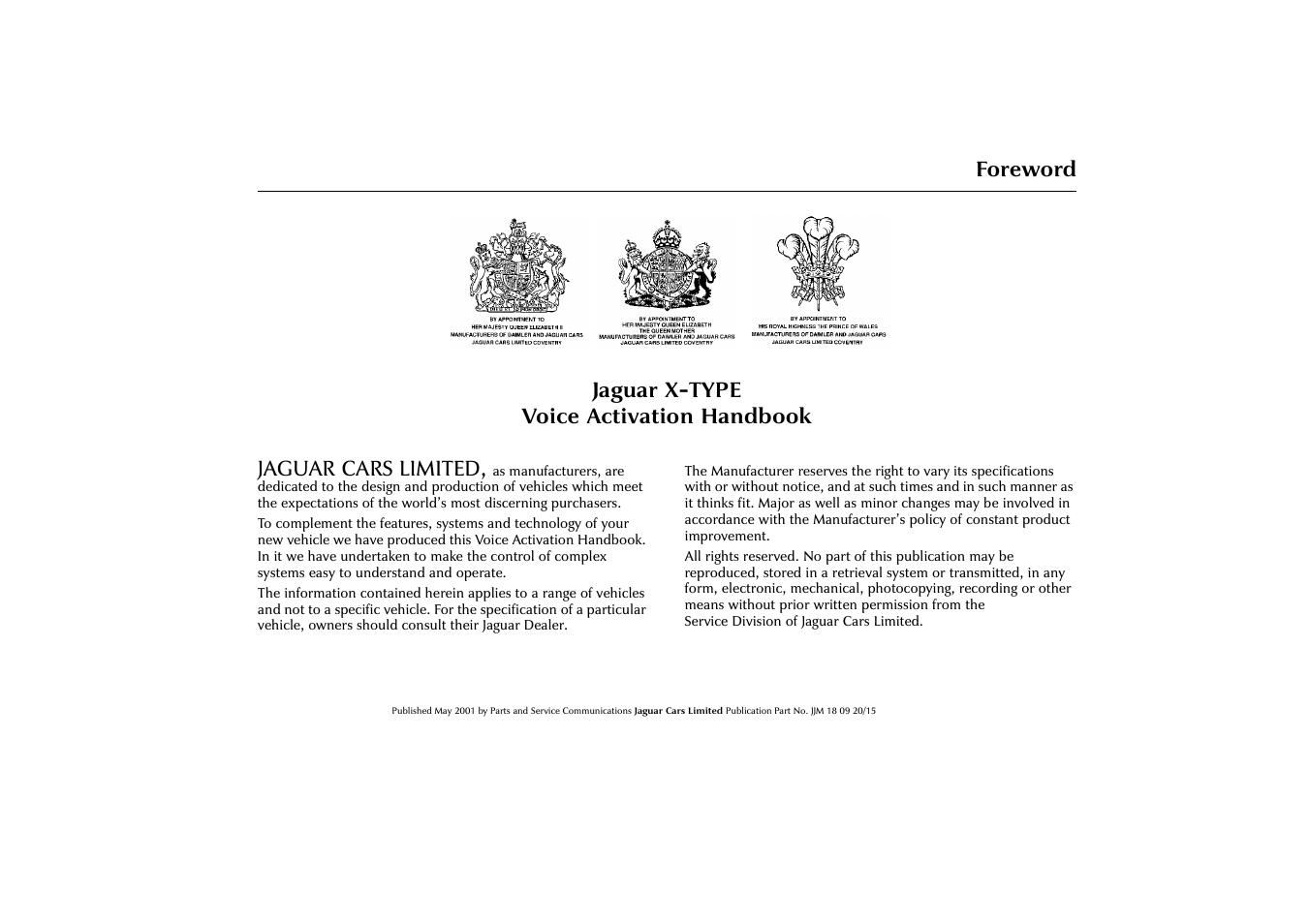 Foreword jaguar x-type voice activation handbook, Jaguar cars limited | Jaguar VOICE ACTIVATION X-TYPE 2001.5 User Manual | Page 2 / 47