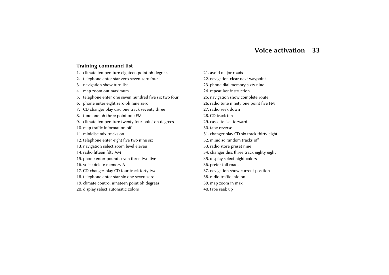 Training command list | Jaguar VOICE ACTIVATION X-TYPE 2001.5 User Manual | Page 36 / 47