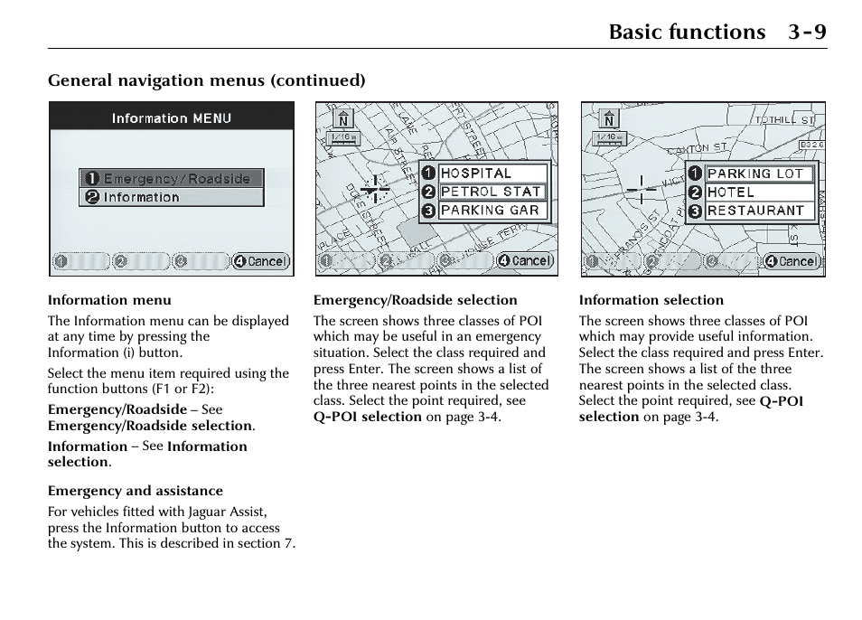 Basic functions 3-9, General navigation menus (continued) | Jaguar S-Type User Manual | Page 31 / 66
