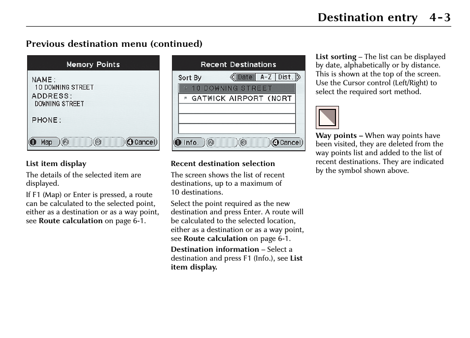Destination entry 4-3, Previous destination menu (continued) | Jaguar S-Type User Manual | Page 36 / 66