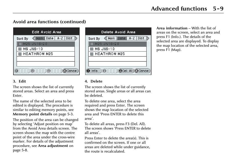 Advanced functions 5-9, Avoid area functions (continued) | Jaguar S-Type User Manual | Page 49 / 66