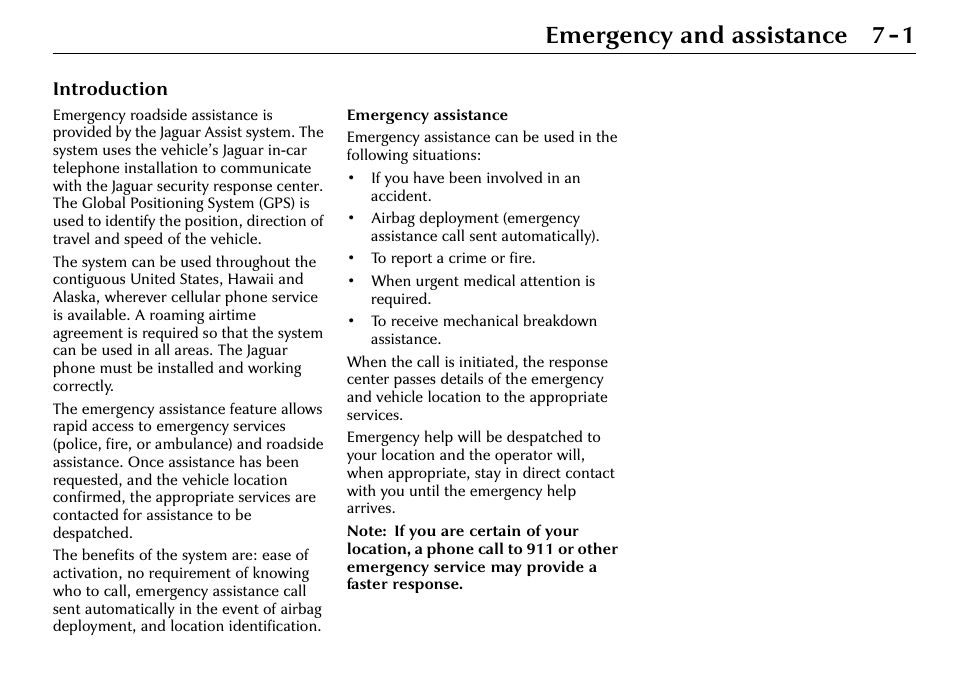 Emergency and assistance 7-1, 7emergency and assistance | Jaguar S-Type User Manual | Page 59 / 66