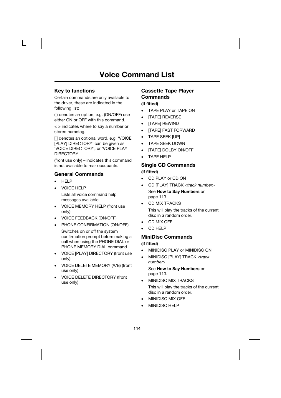 Voice command list | Jaguar Touch Screen Display JJM 18 42 26 701 User Manual | Page 114 / 132