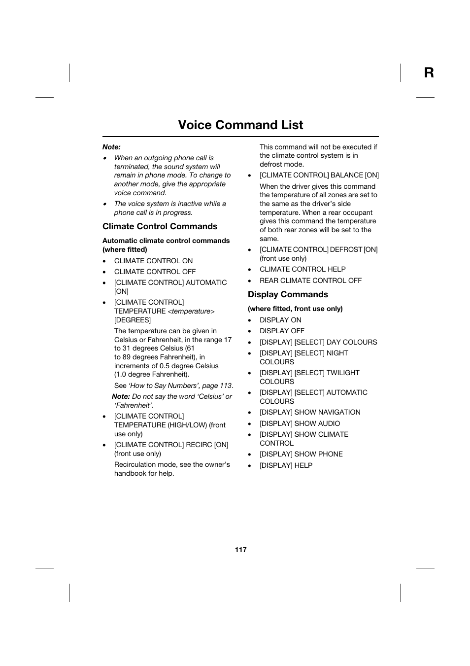 Voice command list | Jaguar Touch Screen Display JJM 18 42 26 701 User Manual | Page 117 / 132