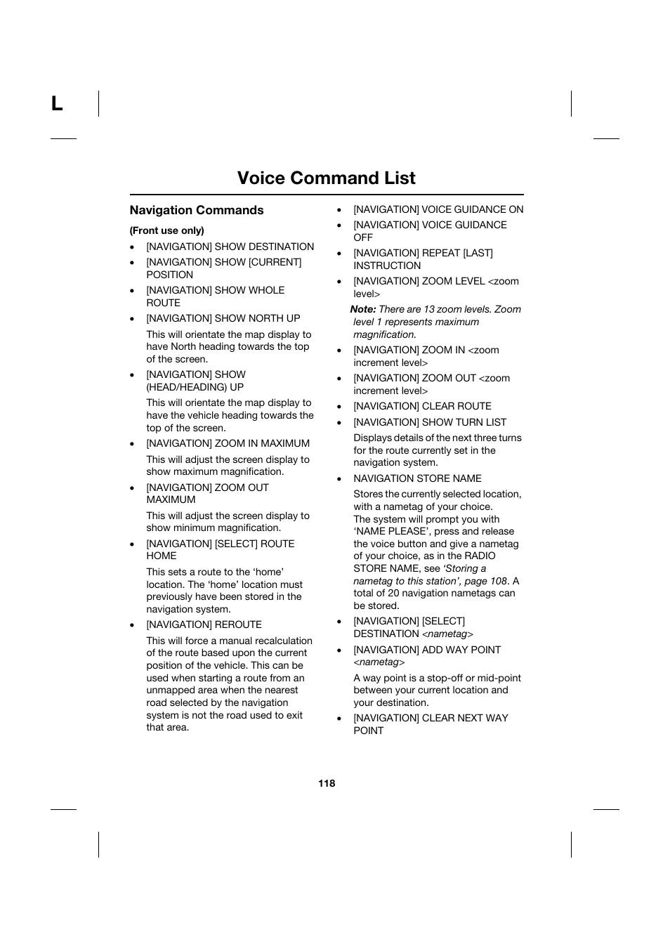 Voice command list | Jaguar Touch Screen Display JJM 18 42 26 701 User Manual | Page 118 / 132