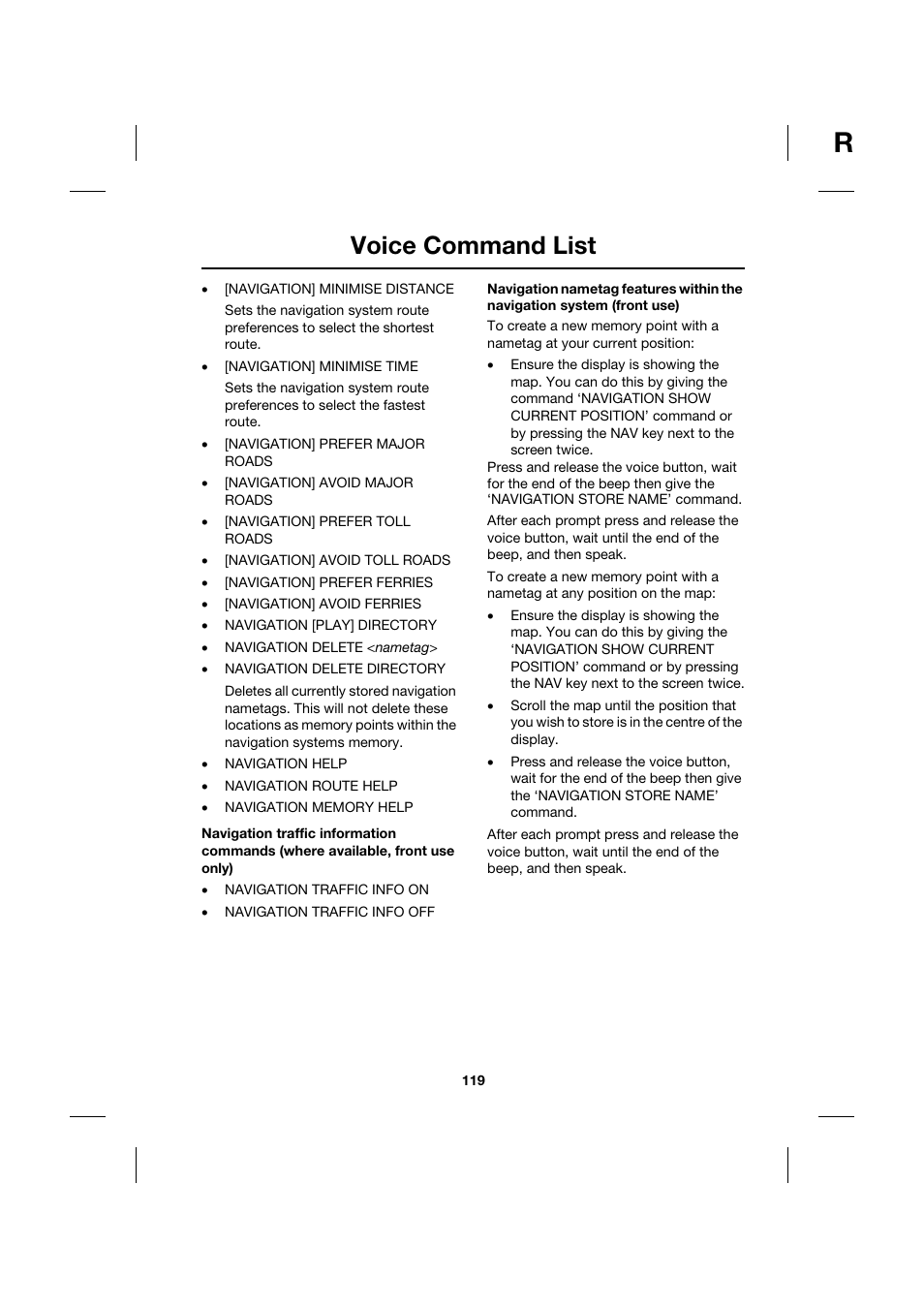 Voice command list | Jaguar Touch Screen Display JJM 18 42 26 701 User Manual | Page 119 / 132