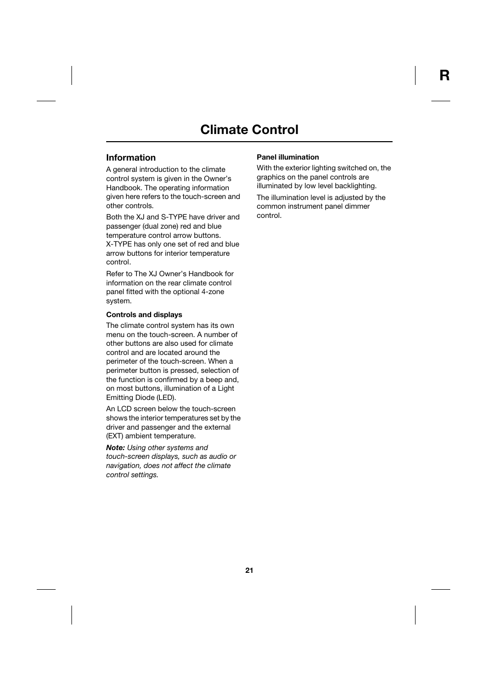 Climate control | Jaguar Touch Screen Display JJM 18 42 26 701 User Manual | Page 21 / 132