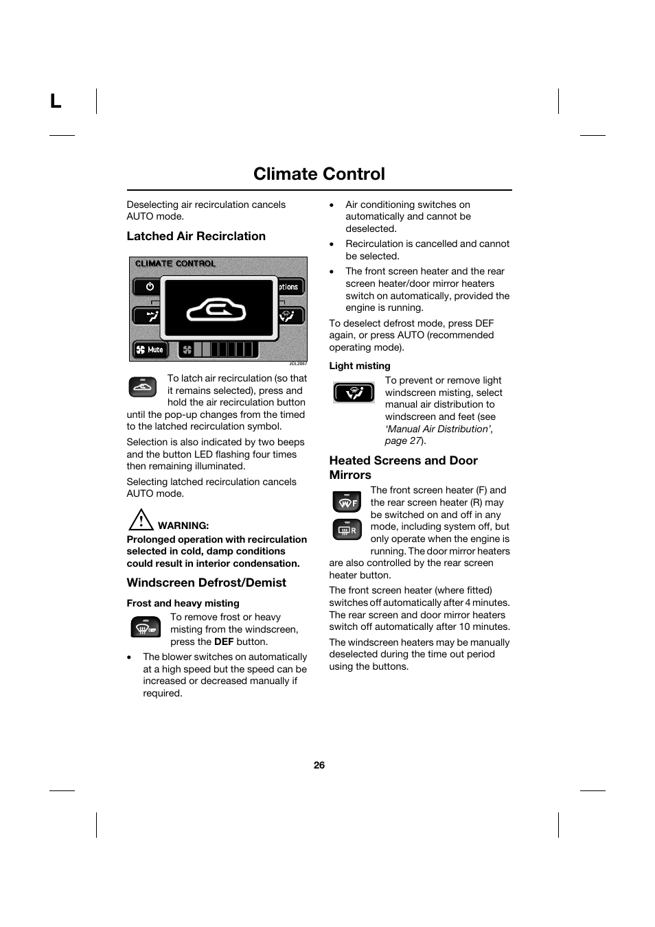 Climate control | Jaguar Touch Screen Display JJM 18 42 26 701 User Manual | Page 26 / 132