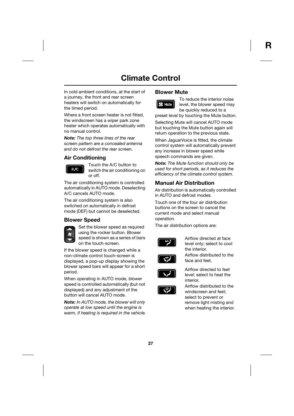 Climate control | Jaguar Touch Screen Display JJM 18 42 26 701 User Manual | Page 27 / 132