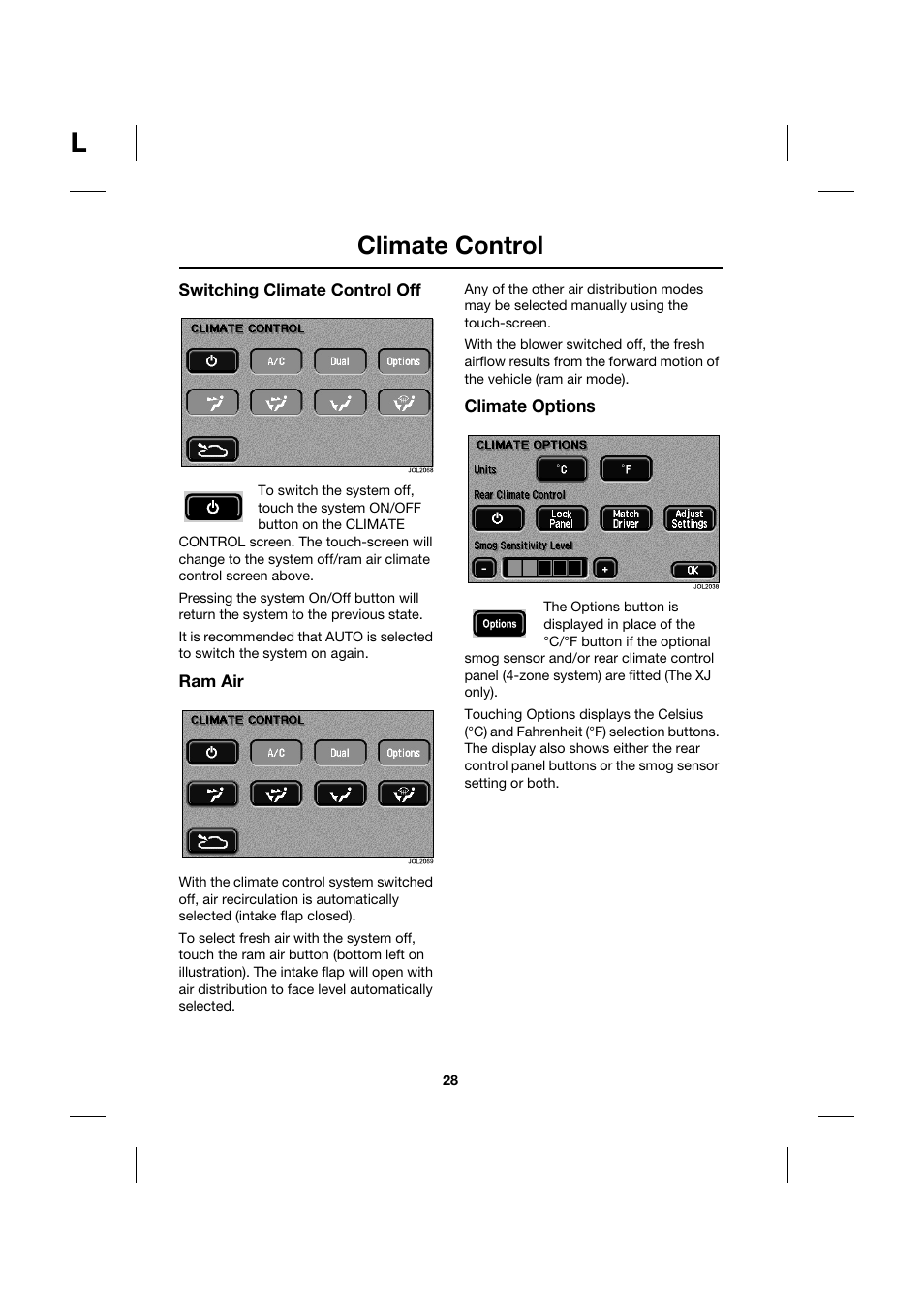 Climate control | Jaguar Touch Screen Display JJM 18 42 26 701 User Manual | Page 28 / 132