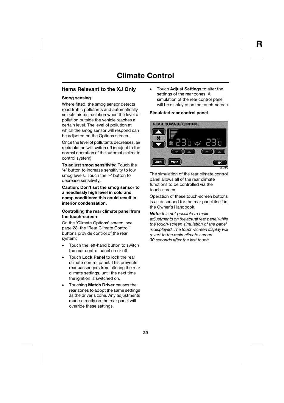 Climate control | Jaguar Touch Screen Display JJM 18 42 26 701 User Manual | Page 29 / 132
