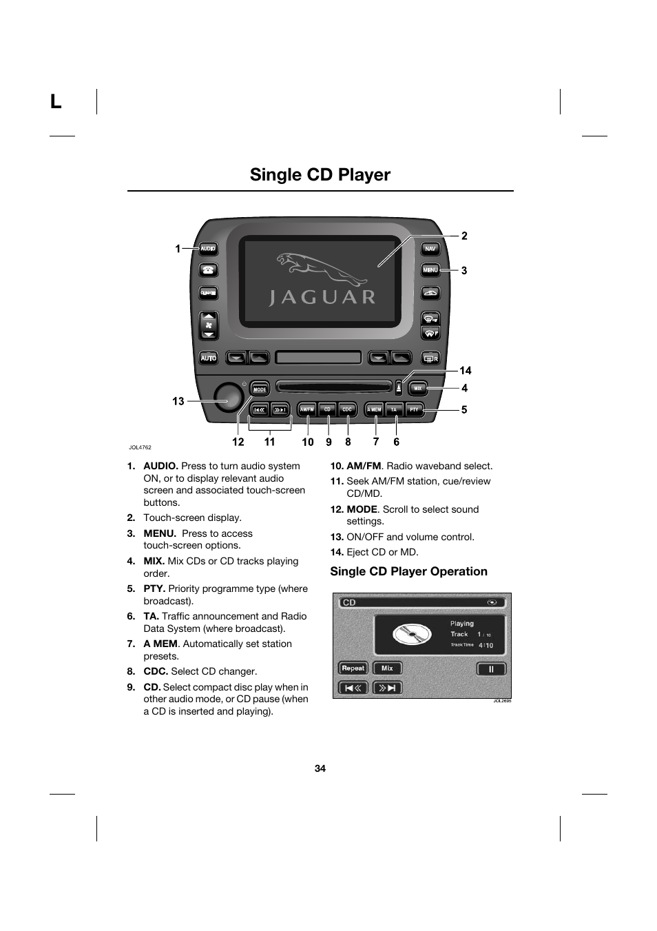 Single cd player | Jaguar Touch Screen Display JJM 18 42 26 701 User Manual | Page 34 / 132