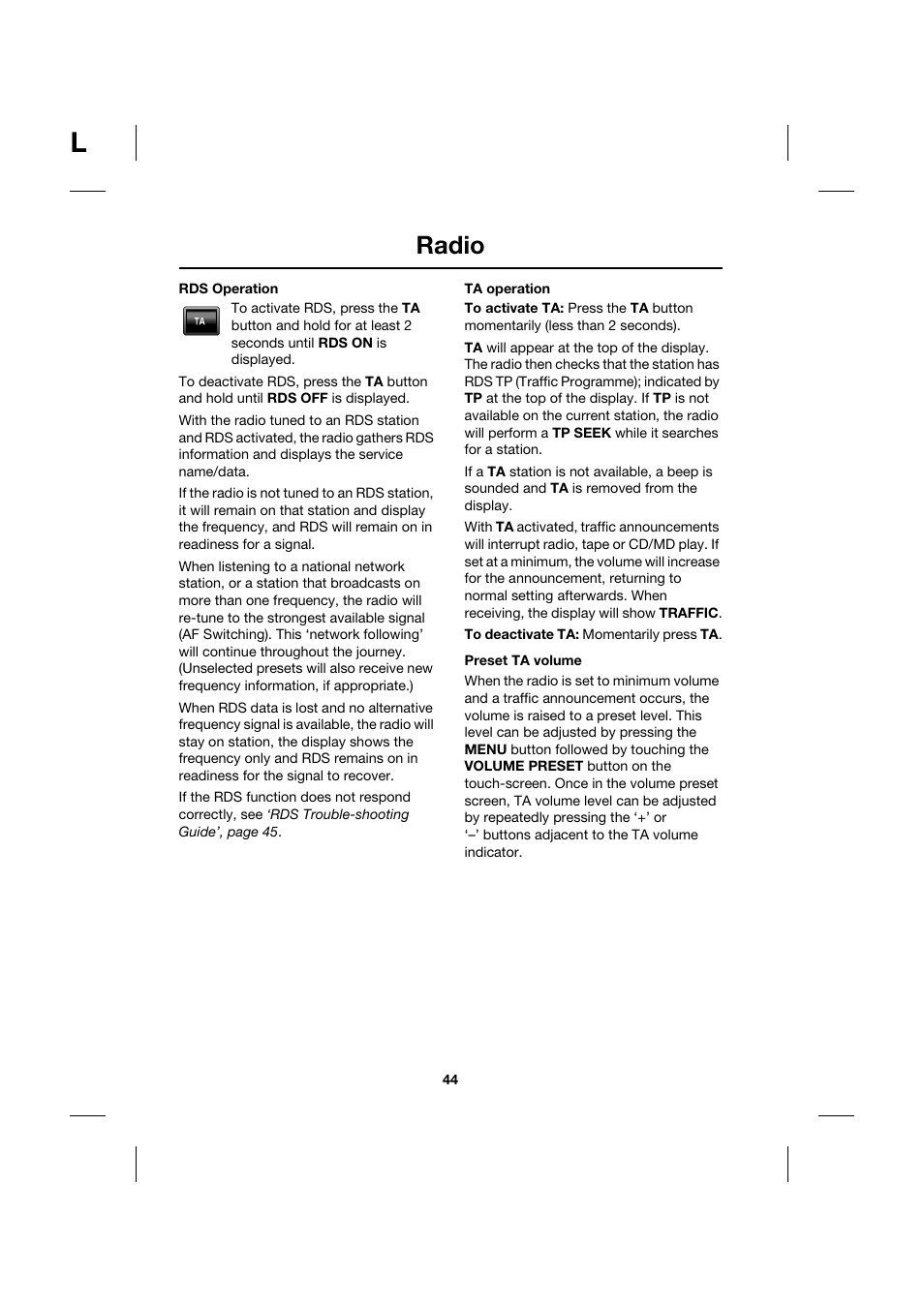 Radio | Jaguar Touch Screen Display JJM 18 42 26 701 User Manual | Page 44 / 132
