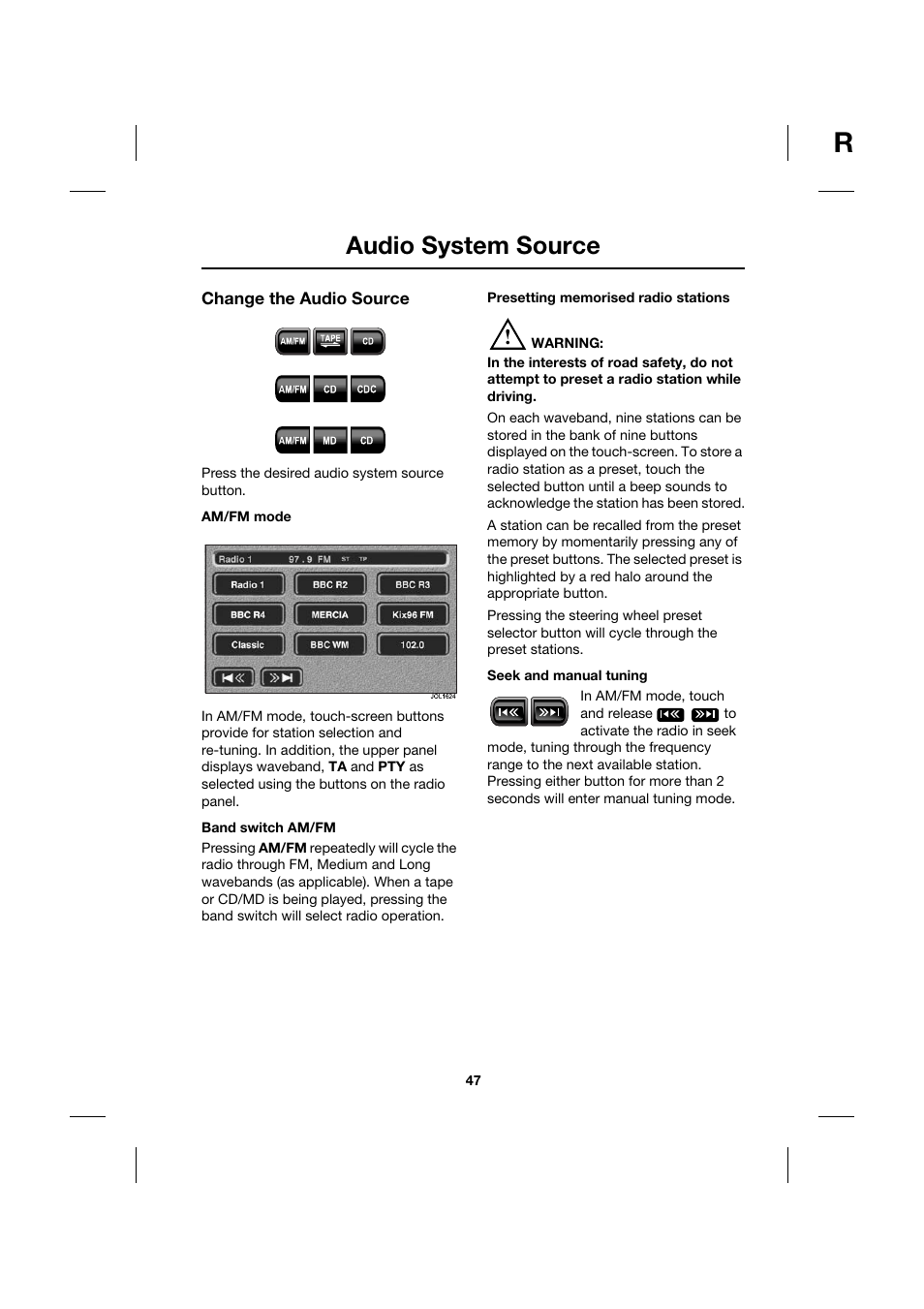 Audio system source | Jaguar Touch Screen Display JJM 18 42 26 701 User Manual | Page 47 / 132