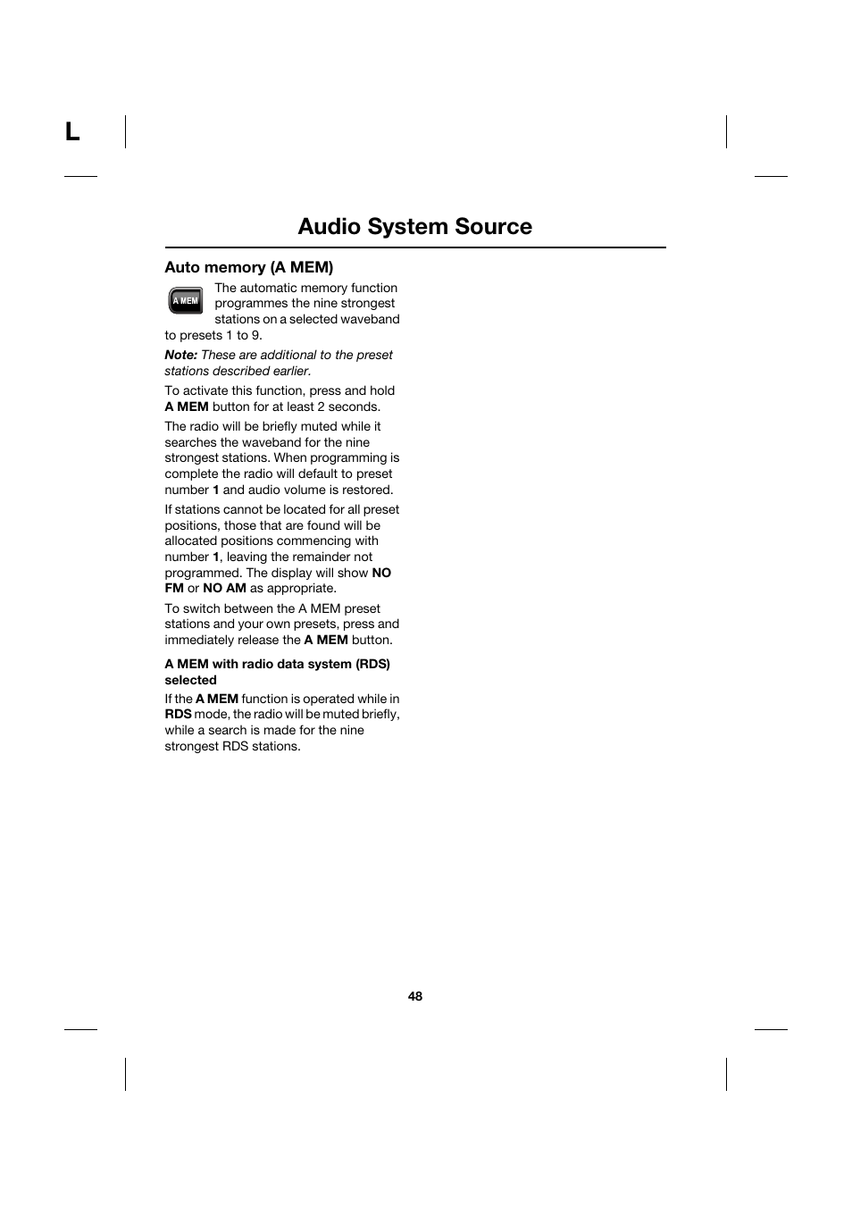Audio system source | Jaguar Touch Screen Display JJM 18 42 26 701 User Manual | Page 48 / 132