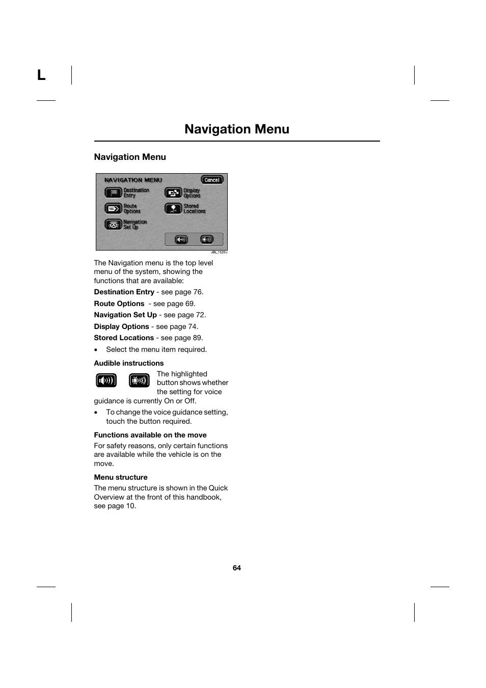 Navigation menu | Jaguar Touch Screen Display JJM 18 42 26 701 User Manual | Page 64 / 132