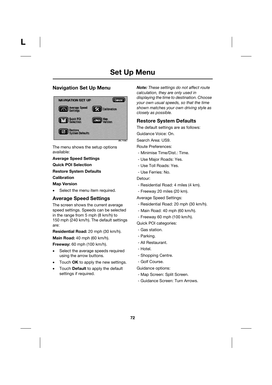Set up menu | Jaguar Touch Screen Display JJM 18 42 26 701 User Manual | Page 72 / 132