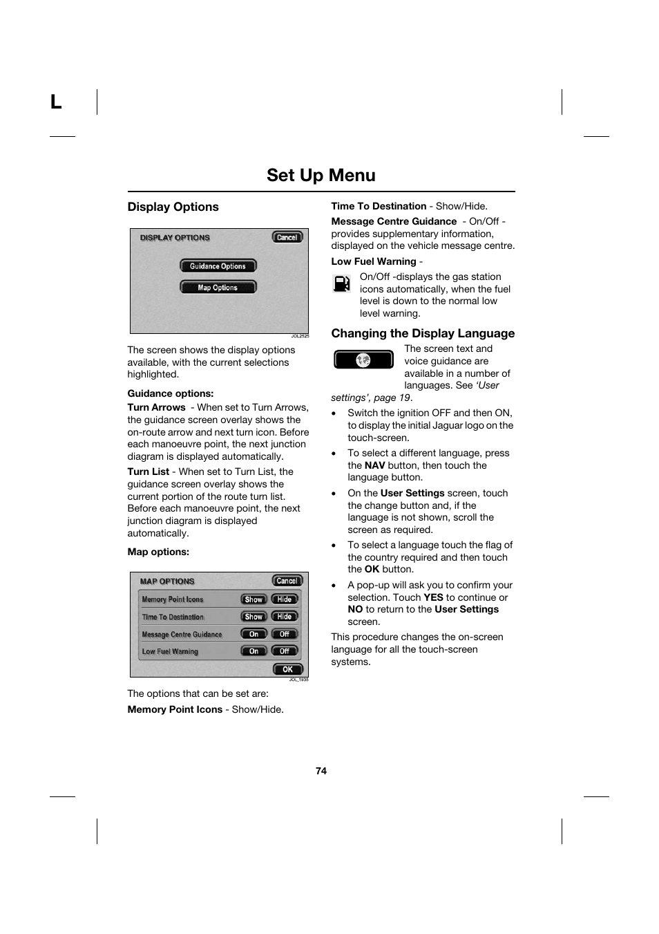 Set up menu | Jaguar Touch Screen Display JJM 18 42 26 701 User Manual | Page 74 / 132