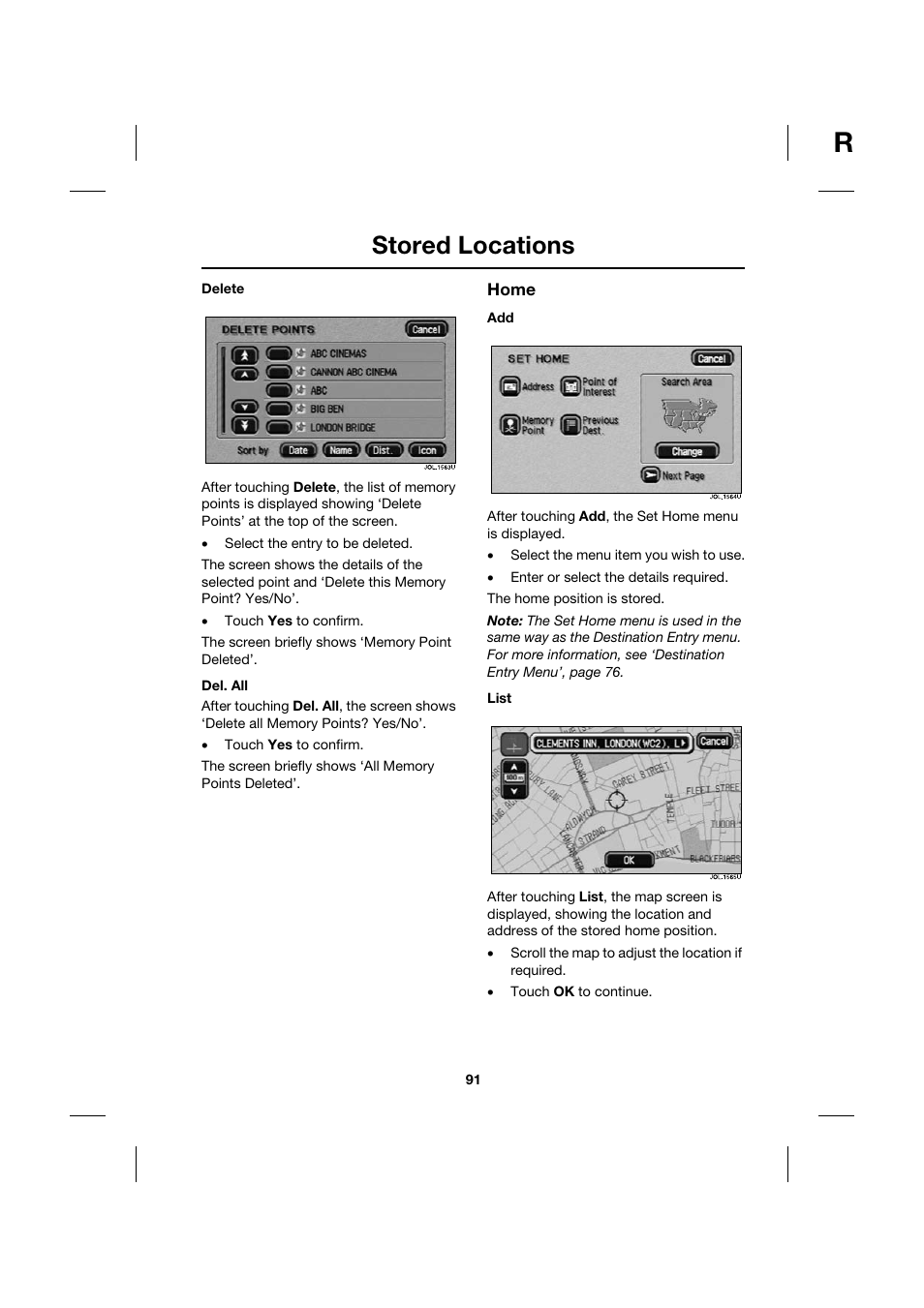 Stored locations | Jaguar Touch Screen Display JJM 18 42 26 701 User Manual | Page 91 / 132