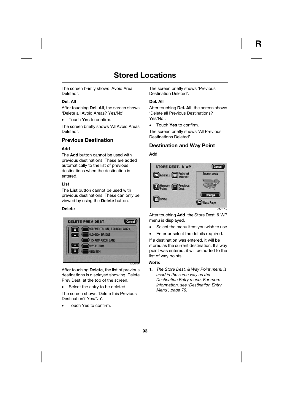 Stored locations | Jaguar Touch Screen Display JJM 18 42 26 701 User Manual | Page 93 / 132